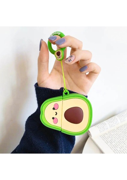 Airpods 1. ve 2. Nesil Uyumlu Avokado Figür Sevimli Koruyucu Silikon Kılıf ve Avokado Kablo Koruyucu Seti modelleri