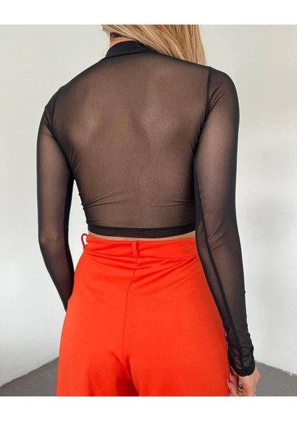 Önü Bağlamalı Tül Detaylı Crop Bluz fiyatları