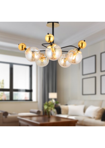 Florit 5'li Siyah Gold Modern Oturma Odası Salon Avize