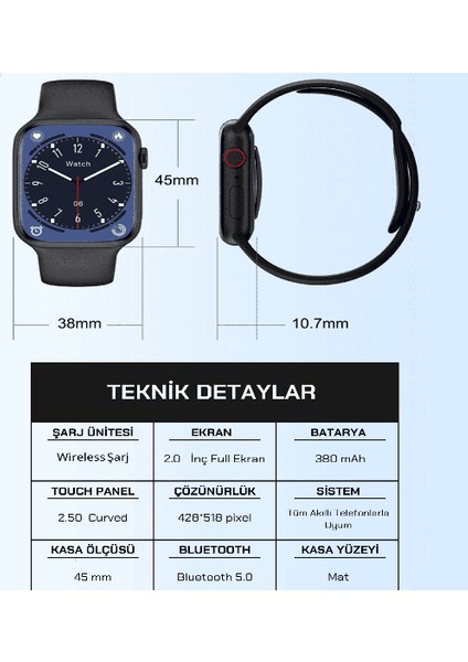 Watch 8 Ultimate Max Siyah Gps 45MM Tam Ekran Akıllı Saat Sesli Görüşmeli Xiaomi Iphone Android Uyumlu Akıllı Kol Saati