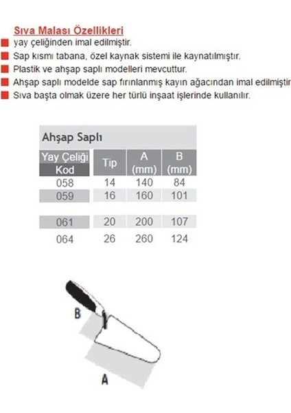 Sıva Malası Ahşap Sap 22 cm fiyatları