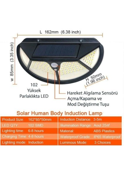 Solar Güneş Enerjili 102 Ledli 3 Modlu Hareket Sensörlü Oval Bahçe Lambası