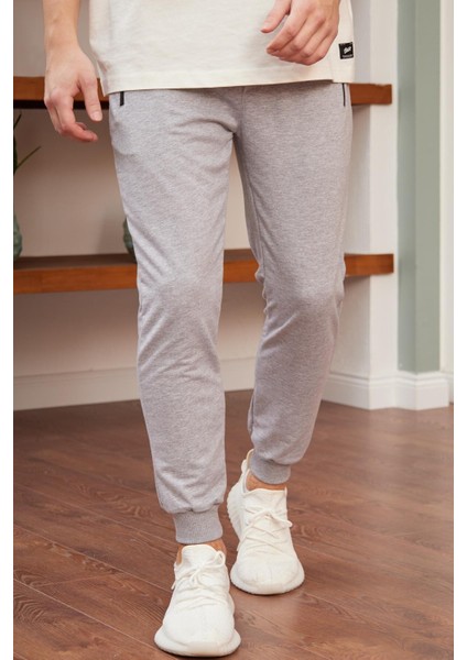Erkek Basic Fit Kalıp Eşofman Altı Gri Melanj - 948DNGR