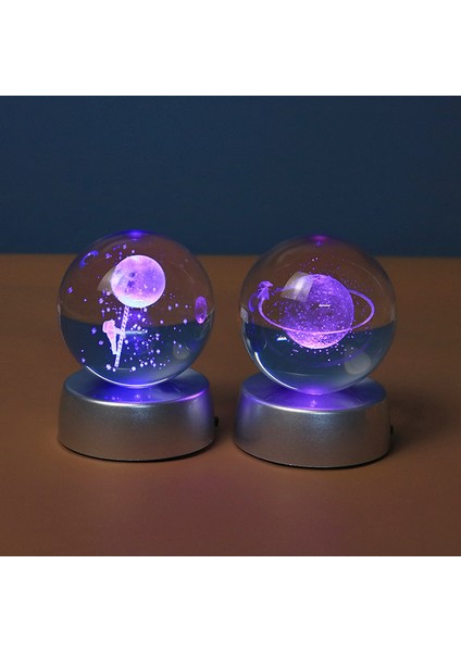 2'li Satürn Kız ve Astronot Işıklı Cam Küre 8cm*6cm