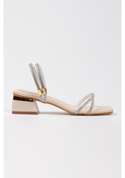 Bej Taş İşlemeli Bilekten Ayarlamalı Şık Topuklu Ayakkabı fiyatları