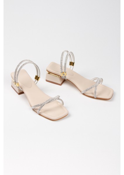 Bej Taş İşlemeli Bilekten Ayarlamalı Şık Topuklu Ayakkabı modelleri