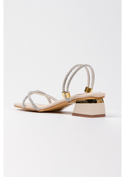 Bej Taş İşlemeli Bilekten Ayarlamalı Şık Topuklu Ayakkabı fırsatları