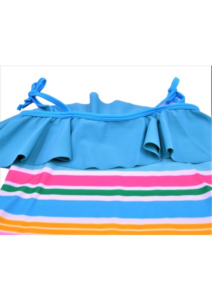 Adasea Pelerin Mavi Renkli Çizgi Detaylı Kız Çocuk Mayosu