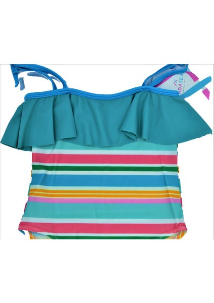 Adasea Pelerin Mavi Renkli Çizgi Detaylı Kız Çocuk Mayosu modelleri