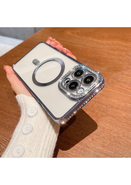 Apple Iphone 14 Pro Uyumlu Kılıf Kamera Lens Mercek Korumalı Arkası Şeffaf Kenarları Prılanta Işıltılı Swarovski Taşlı Magsafe Halka