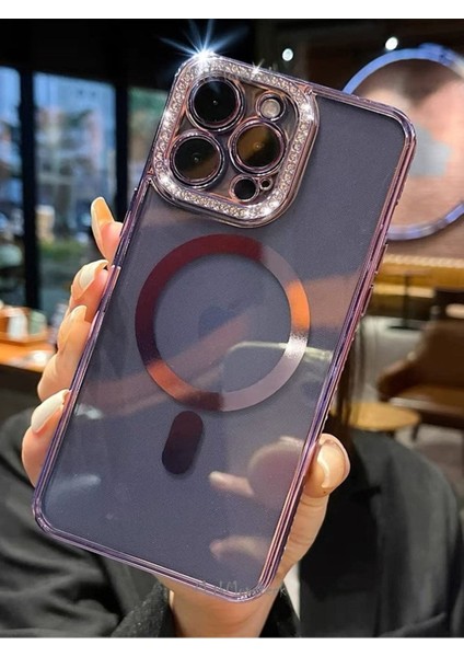 Apple Iphone 14 Pro Uyumlu Kılıf Kamera Lens Mercek Korumalı Arkası Şeffaf Kenarları Prılanta Işıltılı Swarovski Taşlı Magsafe Halka