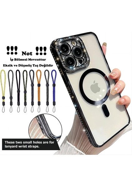 Apple Iphone 14 Pro Uyumlu Kılıf Kamera Lens Mercek Korumalı Arkası Şeffaf Kenarları Prılanta Işıltılı Swarovski Taşlı Magsafe Halka fiyatları