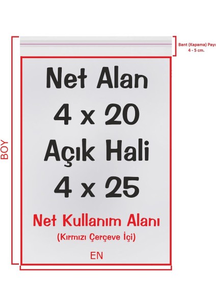 4X20+5 Cm. (4*25) 100 Adet - Şeffaf Bantlı Yapışkanlı Opp Jelatin Poşet
