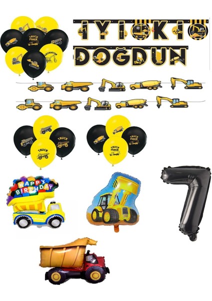 Inşaat Temalı Doğum Günü Bannerlı Kamyon Kepçe Şekilli Balon Seti Yaş 7