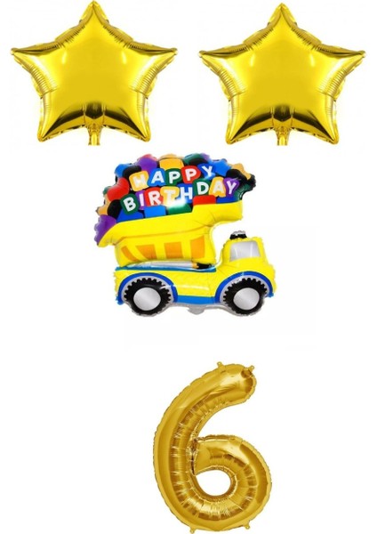 Gold Yıldız Happy Bırthday Yazılı Folyo Araba Rakam Balon Seti Yaş 6