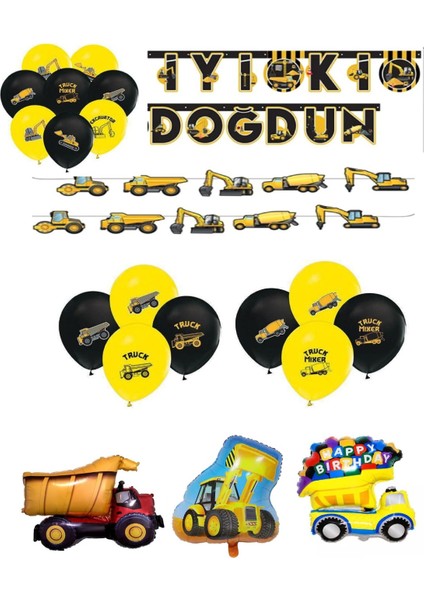 Inşaat Temalı Doğum Günü Bannerlı Kamyon Kepçe Şekilli Balon Seti