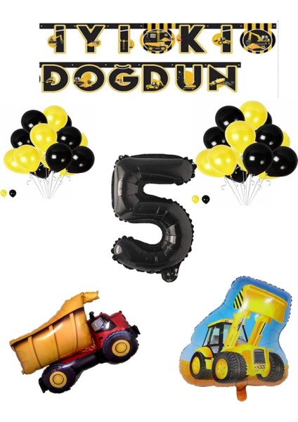 Inşaat Temalı Doğum Günü Banner Kamyon Kepçe Şekilli Balon Seti Siyah Yaş 5