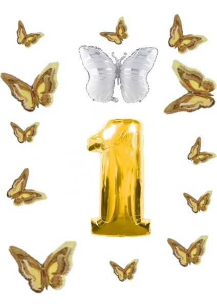 Beyaz Kelebek Folyo Balon Temalı Doğum Günü Parti Seti Gold Yaş 1