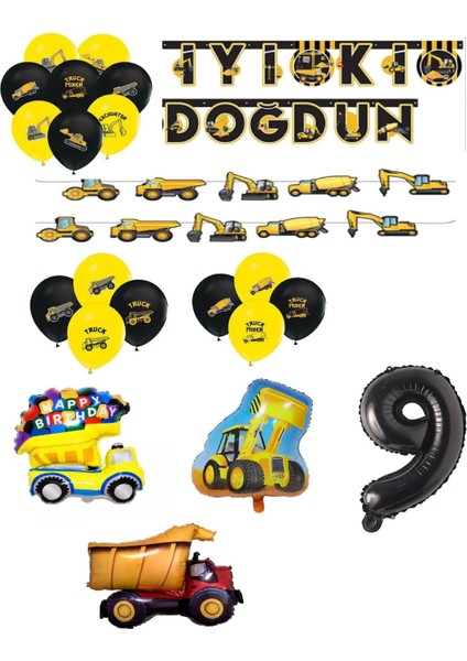 Inşaat Temalı Doğum Günü Bannerlı Kamyon Kepçe Şekilli Balon Seti Yaş 9