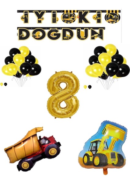 Inşaat Temalı Doğum Günü Banner Kamyon Kepçe Şekilli Balon Seti Gold Yaş 8