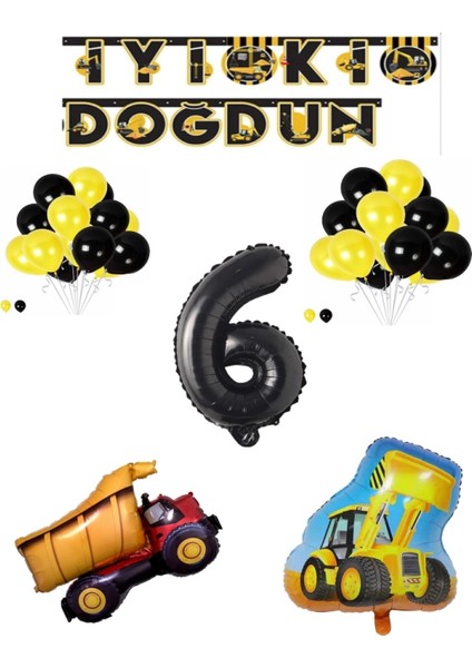 Inşaat Temalı Doğum Günü Banner Kamyon Kepçe Şekilli Balon Seti Siyah Yaş 6