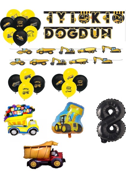 Inşaat Temalı Doğum Günü Bannerlı Kamyon Kepçe Şekilli Balon Seti Yaş 8