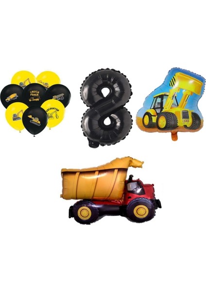Inşaat Temalı Doğum Günü Kamyon Kepçe Şekilli Balon Seti Yaş 8