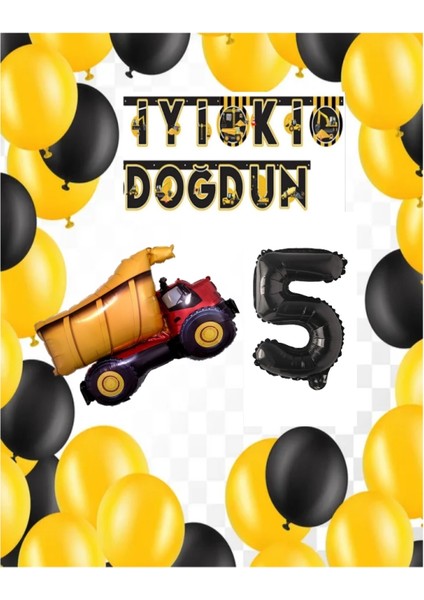 Inşaat Temalı Doğum Günü Banner Kamyon Şekilli Balon Seti Siyah Yaş 5