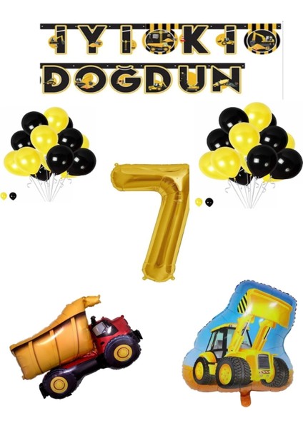 Inşaat Temalı Doğum Günü Banner Kamyon Kepçe Şekilli Balon Seti Gold Yaş 7