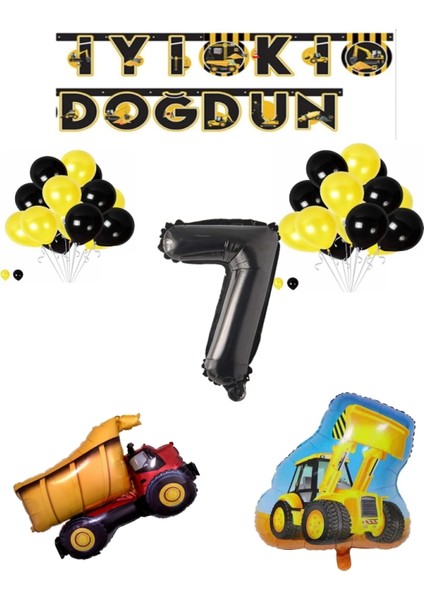 Inşaat Temalı Doğum Günü Banner Kamyon Kepçe Şekilli Balon Seti Siyah Yaş 7