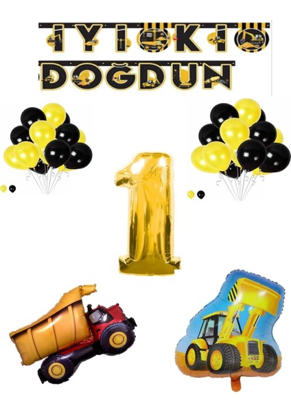 Inşaat Temalı Doğum Günü Banner Kamyon Kepçe Şekilli Balon Seti Gold Yaş 1