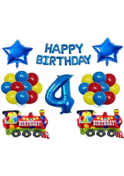 Mavi Happy Bırthday Yıldız Rakam Tren Folyo Balon Seti Yaş 4