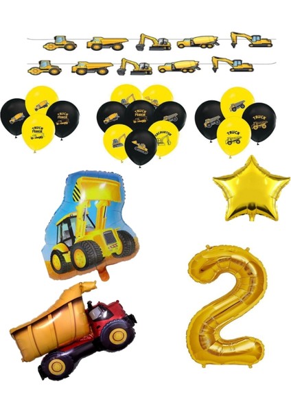 Inşaat Temalı Doğum Günü Bannerlı Kamyon Kepçe Şekilli Balon Seti Yaş 2