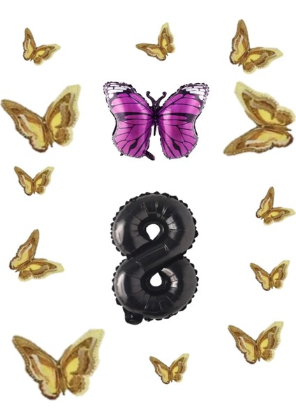 Pembe Kelebek Folyo Balon Temalı Doğum Günü Parti Seti Siyah Yaş 8