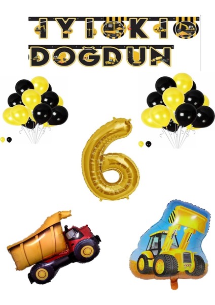 Inşaat Temalı Doğum Günü Banner Kamyon Kepçe Şekilli Balon Seti Gold Yaş 6