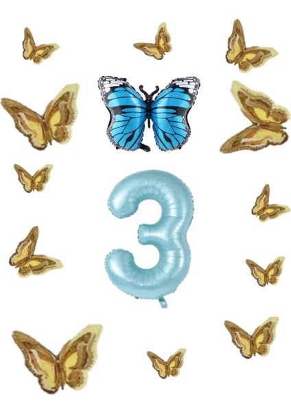 Mavi Kelebek Folyo Balon Temalı Doğum Günü Parti Seti Mavi Yaş 3