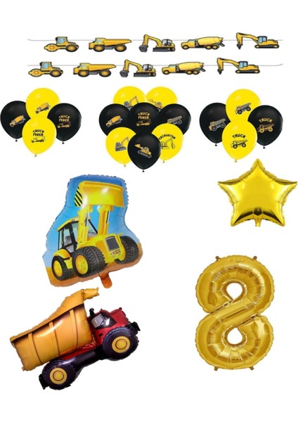 Inşaat Temalı Doğum Günü Bannerlı Kamyon Kepçe Şekilli Balon Seti Yaş 8