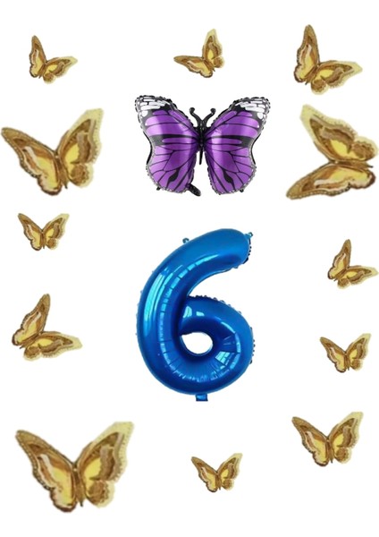 Koyu Mavi Kelebek Folyo Balon Temalı Doğum Günü Parti Seti Koyu Mavi Yaş 6
