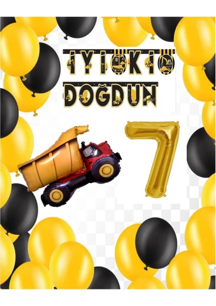 Inşaat Temalı Doğum Günü Banner Kamyon Şekilli Balon Seti Gold Yaş 7