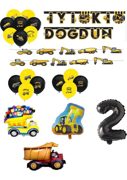 Inşaat Temalı Doğum Günü Bannerlı Kamyon Kepçe Şekilli Balon Seti Yaş 2