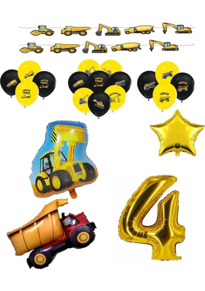 Inşaat Temalı Doğum Günü Bannerlı Kamyon Kepçe Şekilli Balon Seti Yaş 4