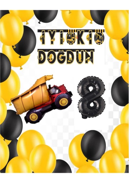 Inşaat Temalı Doğum Günü Banner Kamyon Şekilli Balon Seti Siyah Yaş 8