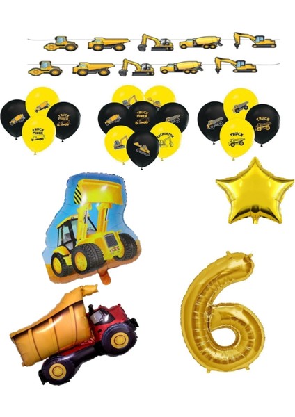 Inşaat Temalı Doğum Günü Bannerlı Kamyon Kepçe Şekilli Balon Seti Yaş 6