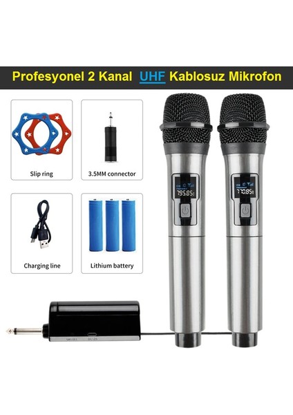 Profesyonel 2 Kanal Uhf Kablosuz Telsiz Mikrofon