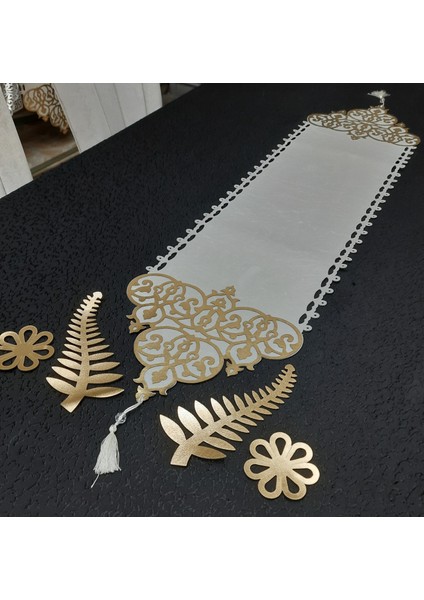 Sehara/runner/masa Ranırı/krem Kadife/gold Deri İŞLEMELİ/120CMX32CM