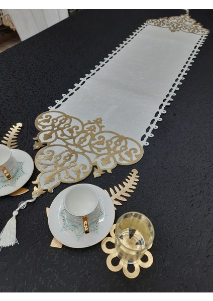 Sehara/runner/masa Ranırı/krem Kadife/gold Deri İŞLEMELİ/120CMX32CM fırsatları