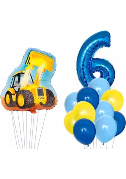 Inşaat Kepçe Temalı Mavi Rakam Balon Seti Yaş 6