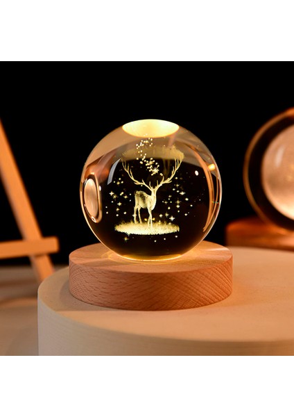 Büyük Boy Işıklı Ahşap Kaideli Geyik Temalı Cam Küre 8cm