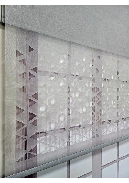 Lazer Kesim Çift Mekanizmalı Tül Stor Perde Gri MLT5005
