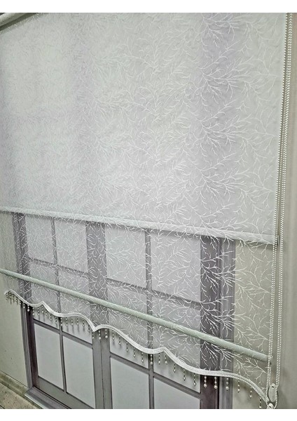 Dal Desenli Boncuklu Çift Mekanizmalı Tül Stor Perde Ekru TS2013B fırsatları